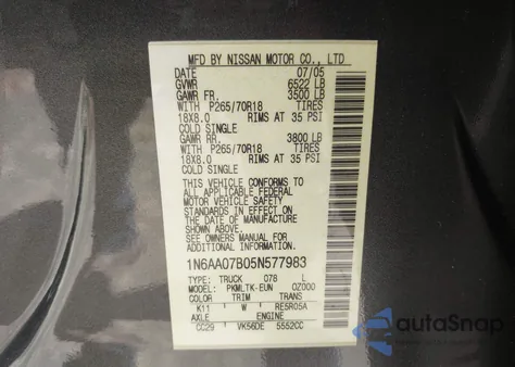 2005 Nissan Titan Se z USA, uszkodzony, nr VIN 1N6AA07B05N577983